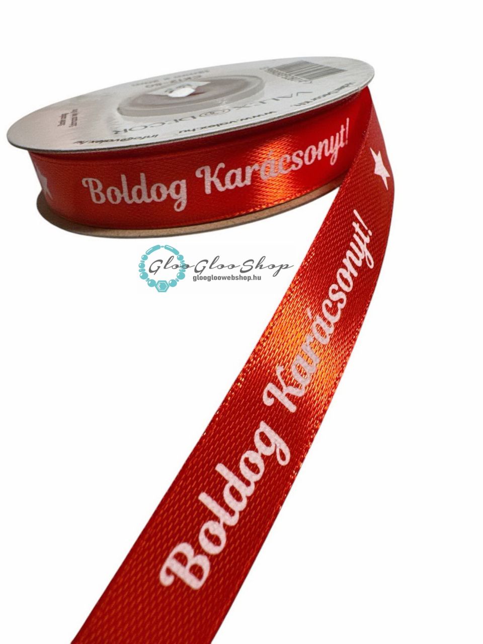 "Boldog Karácsonyt!" feliratos szatén szalag 12 mm - piros